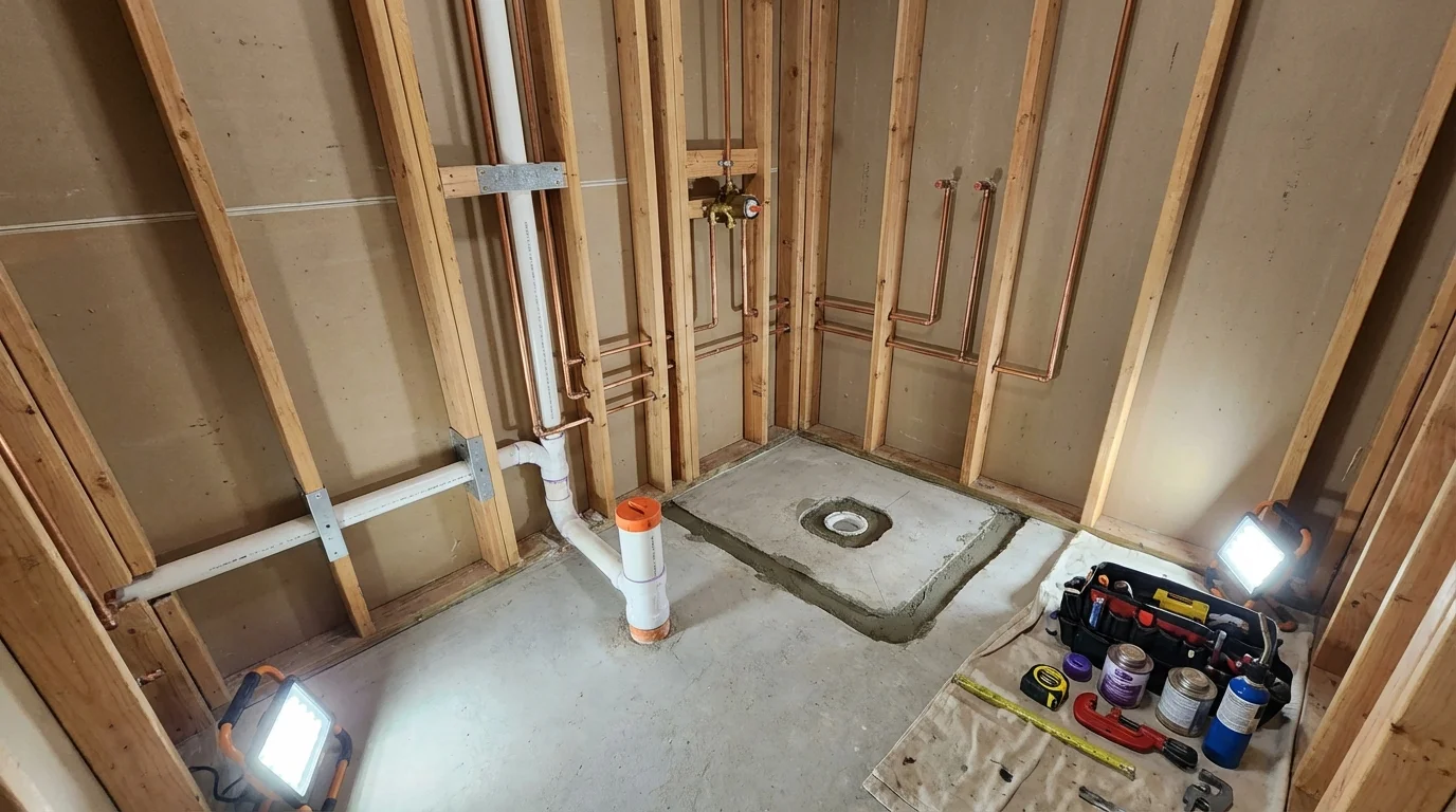 Bathroom rough-in plumbing during remodel by Johns Plumbing LLC in Buckeye Lake