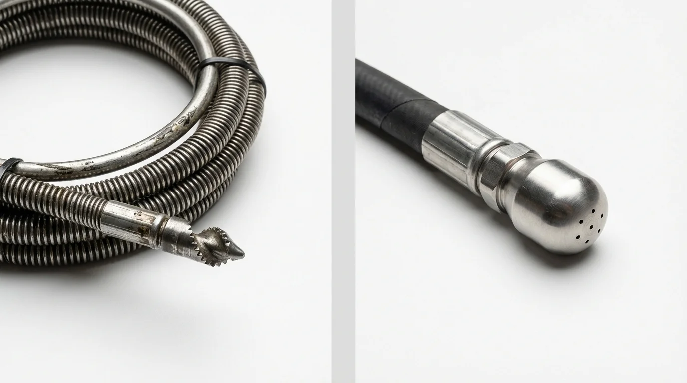 Drain snake cable and hydro jetting nozzle used for drain cleaning in Buckeye Lake, OH