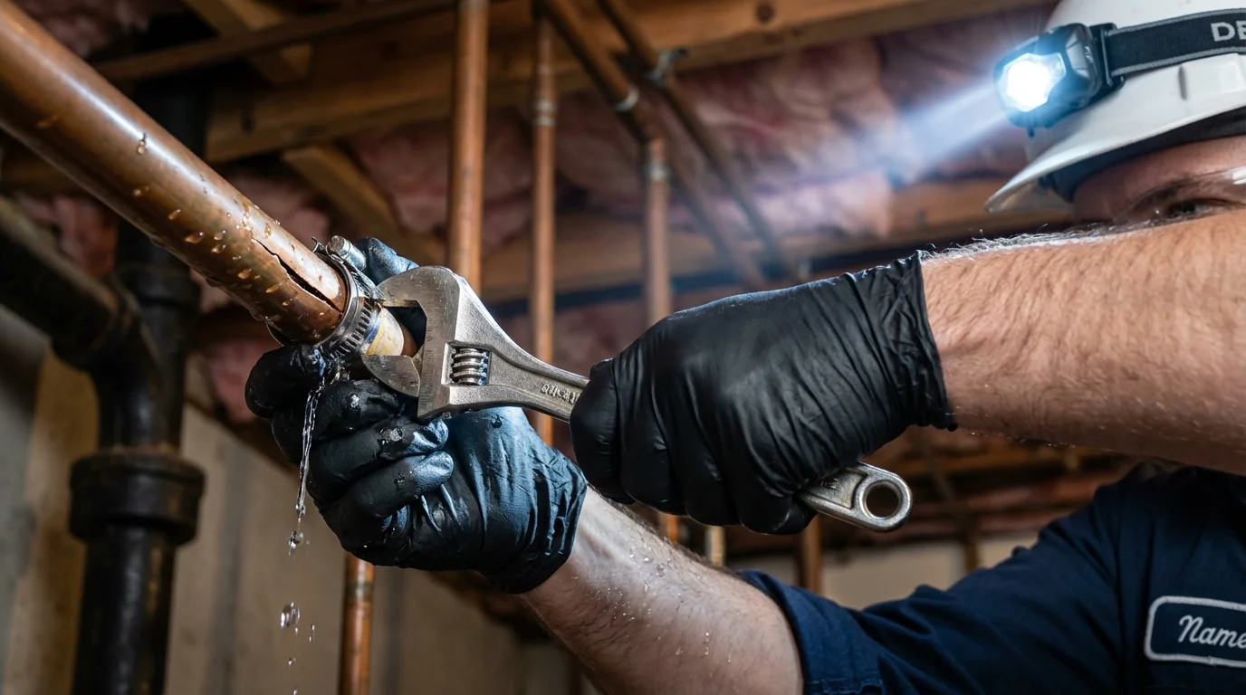 Emergency pipe clamp repair being performed by a Johns Plumbing LLC plumber in Buckeye Lake