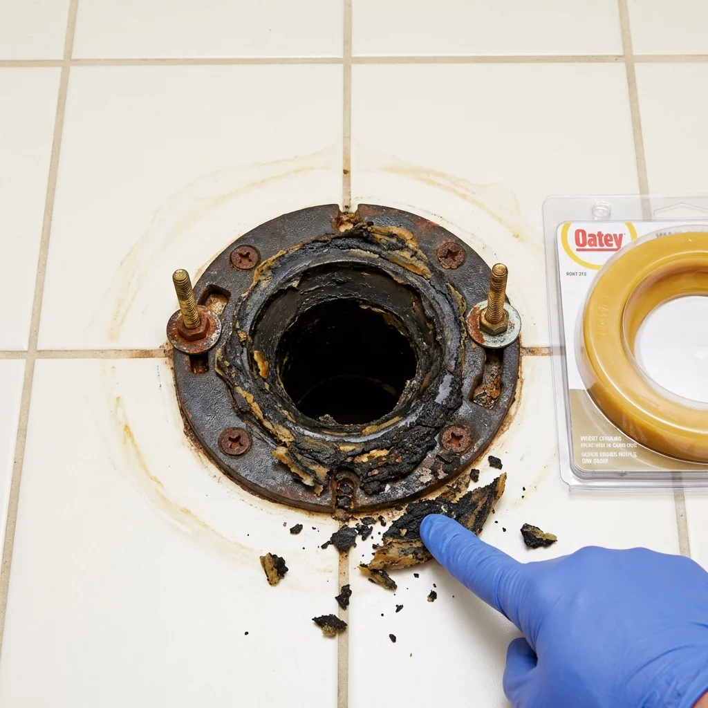 Failed wax ring showing water seepage at the base of a toilet in a Buckeye Lake, OH home