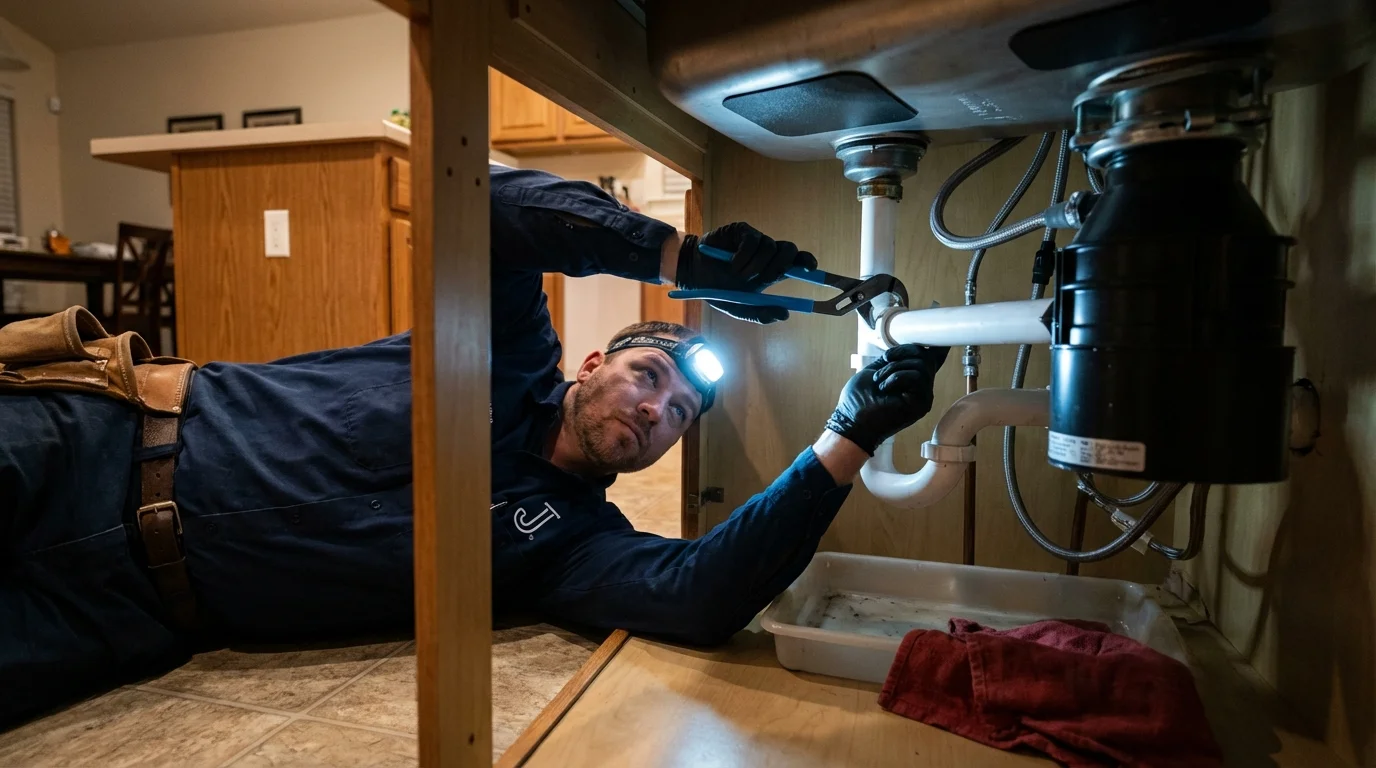 P-trap and supply line connections under a kitchen sink showing a common leak point in Buckeye Lake, OH